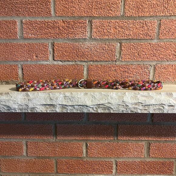 Colorful Womens Leather Belt, Rainbow Cotton Pattern Woven w/ Brown, Size L - Picture 5 of 6